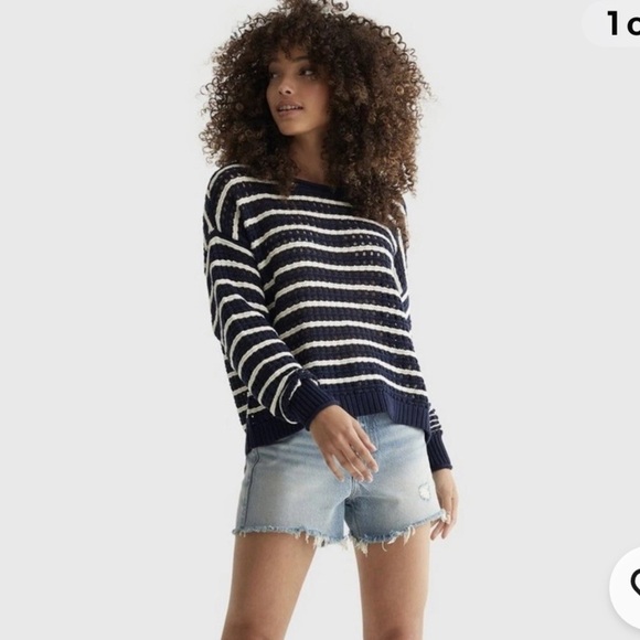 New Lucky Brand Sweater Pointelle Knit Navy Blue/White Stripe Women’s Size M - Picture 1 of 12